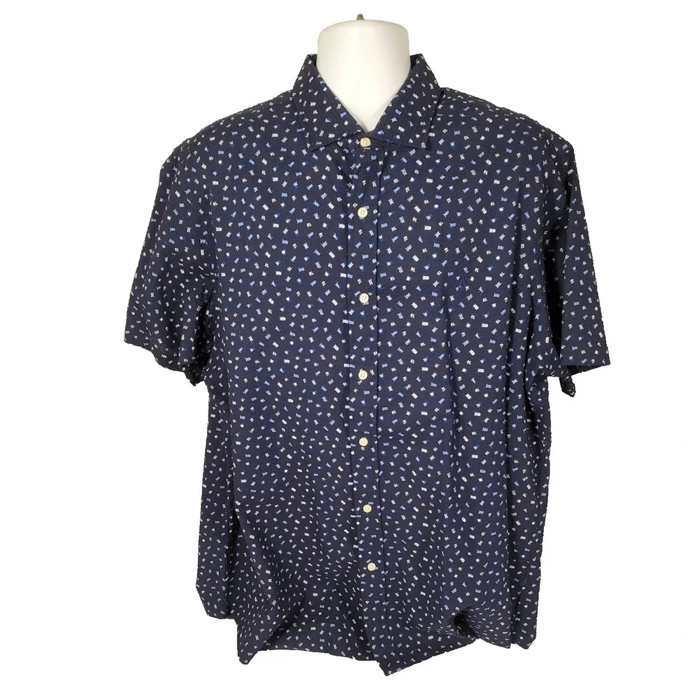 Polo Ralph Lauren Shirt Mens 2XL Blue Button Up Geometric Logo Seersucker Preppy